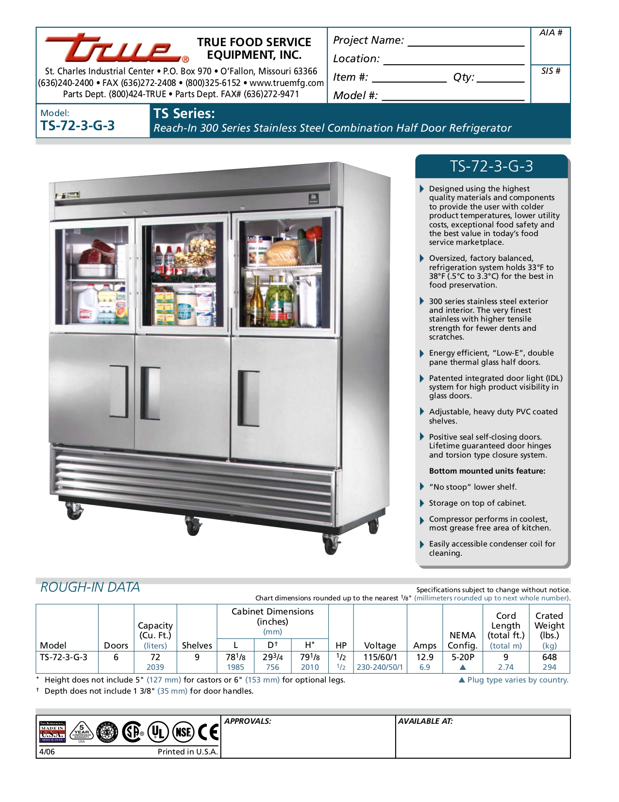 pdf for True Refrigerator TS-72-3-G-3 manual
