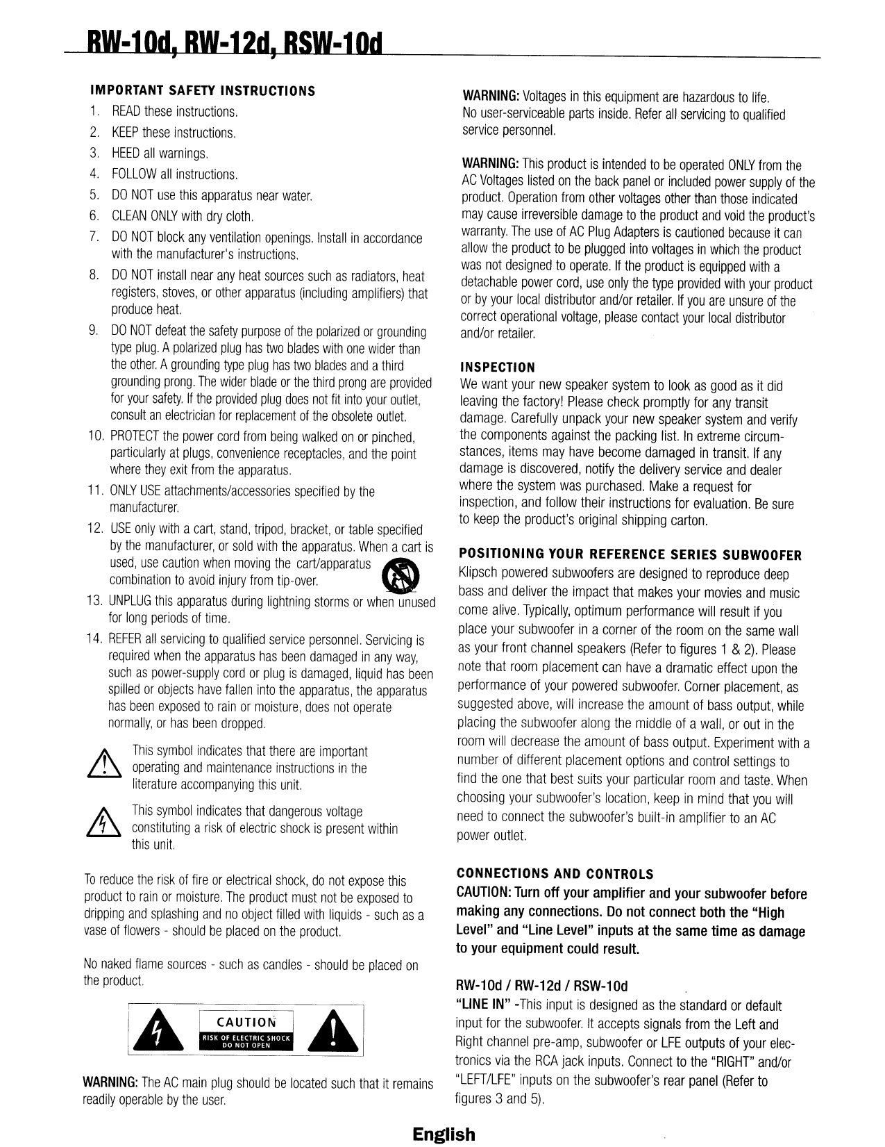 PDF manual for Klipsch Subwoofer RW-8