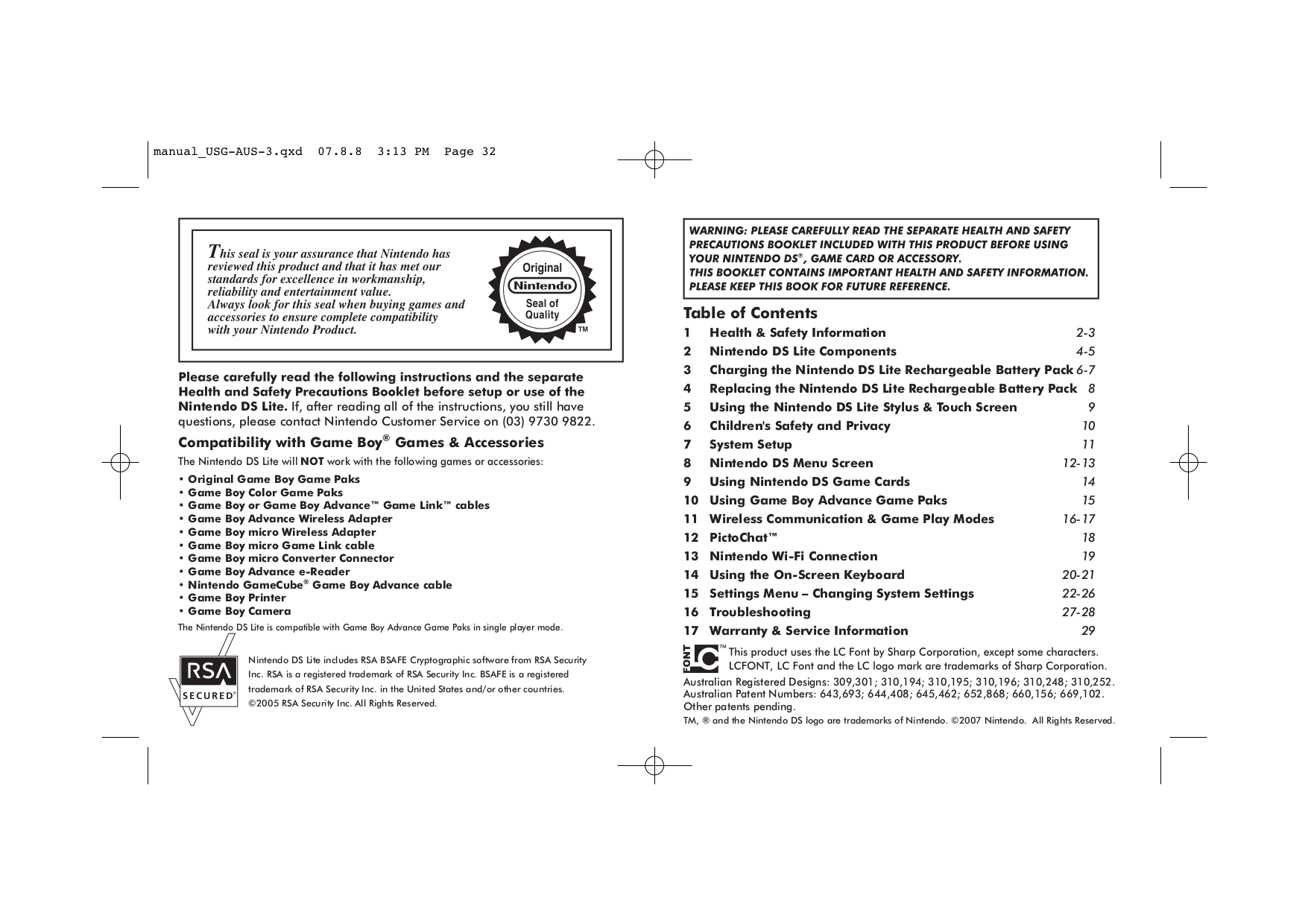PDF manual for Nintendo Game Console DS Lite
