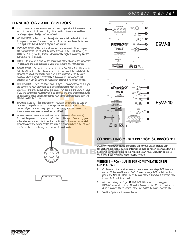PDF manual for Energy Subwoofer ESWV10