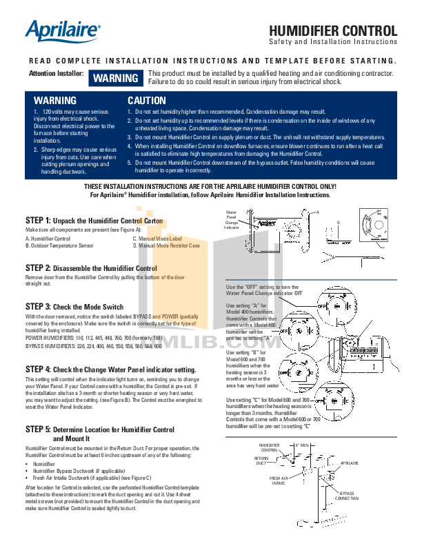 Download free pdf for Aprilaire 400 Humidifier manual