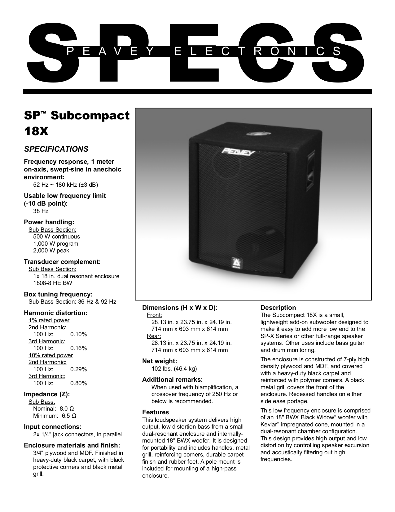 Download free pdf for Peavey 18 Subwoofer manual
