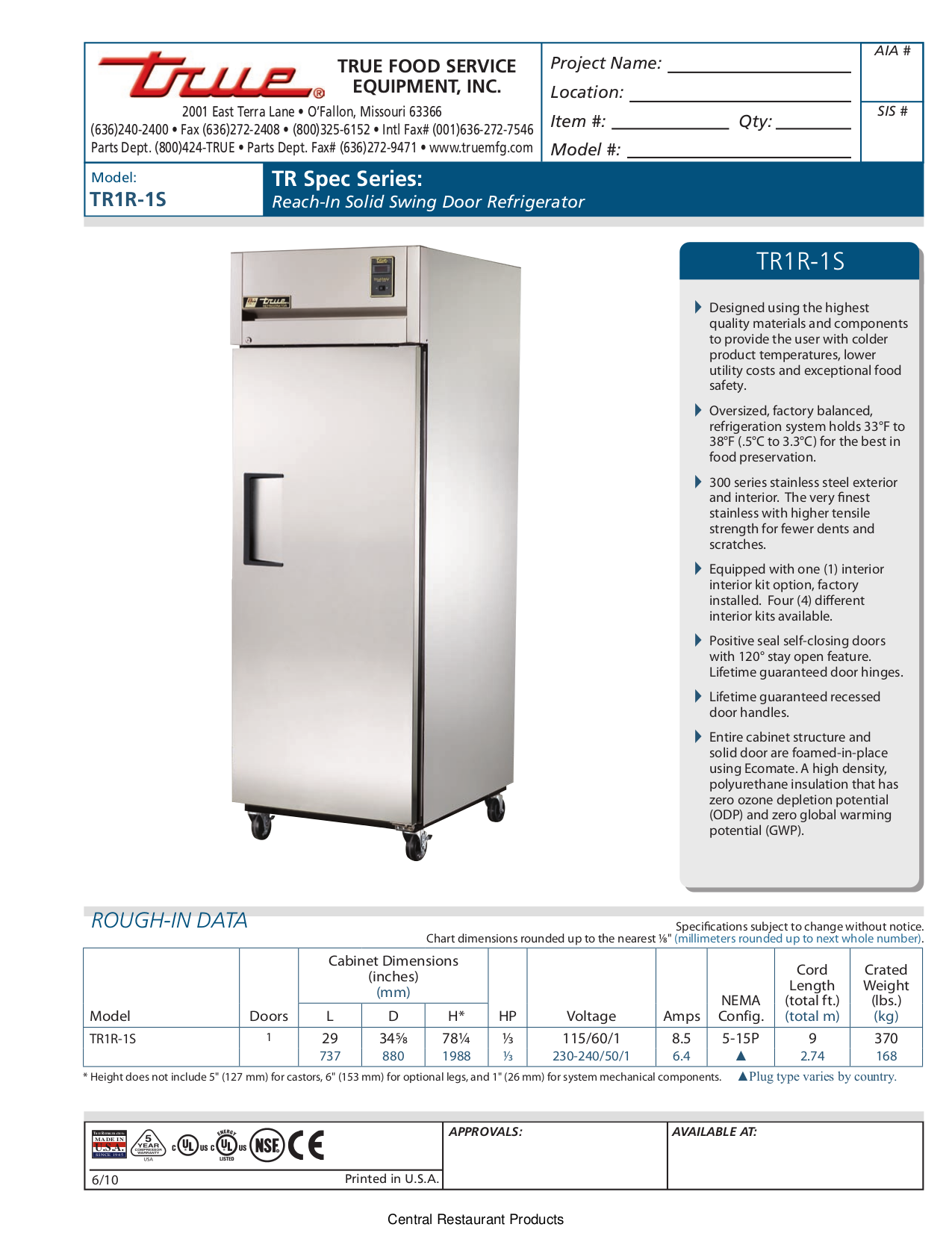 pdf for True Refrigerator TR1R-1S manual