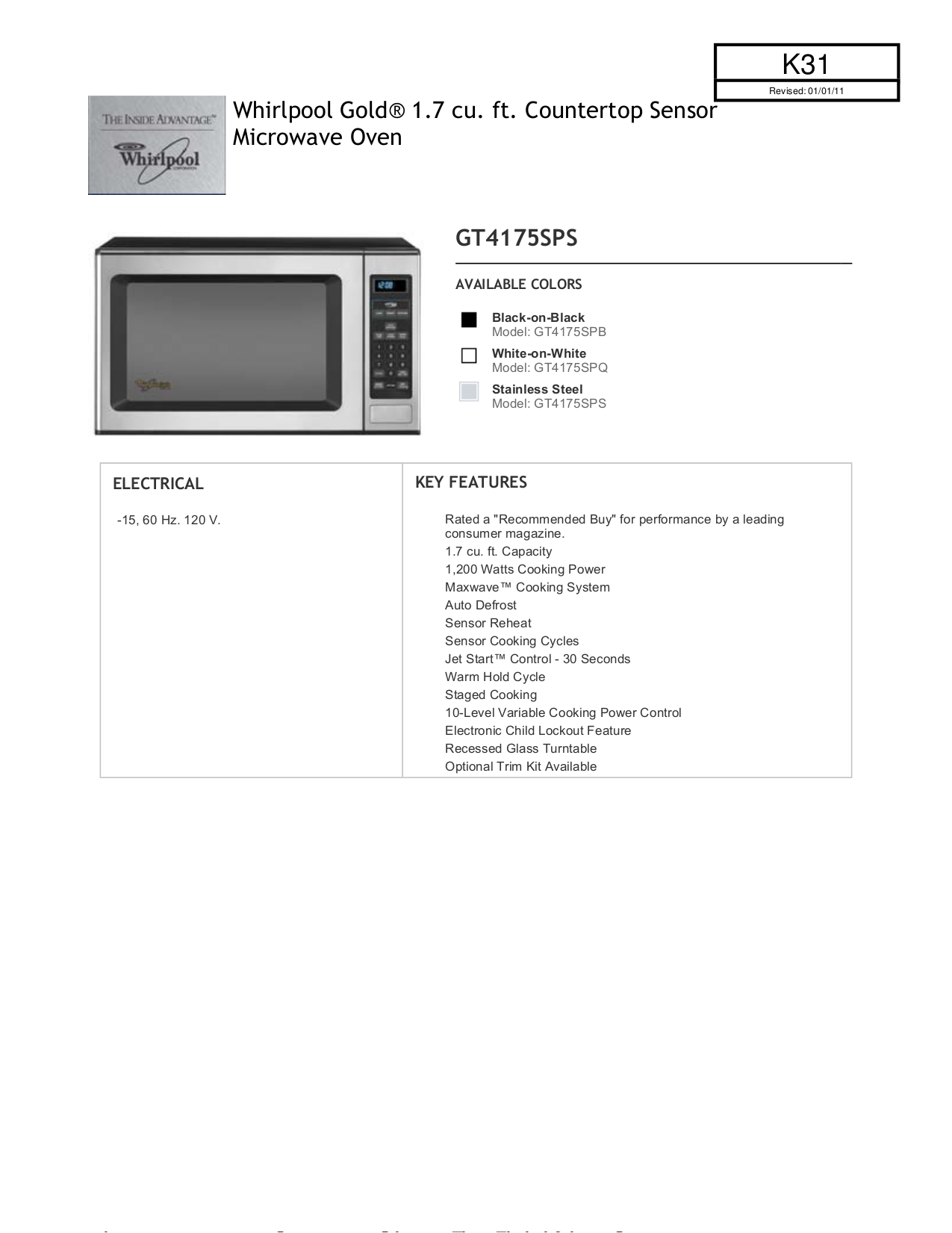 Download free pdf for Whirlpool Gold GT4175SPS Microwave manual