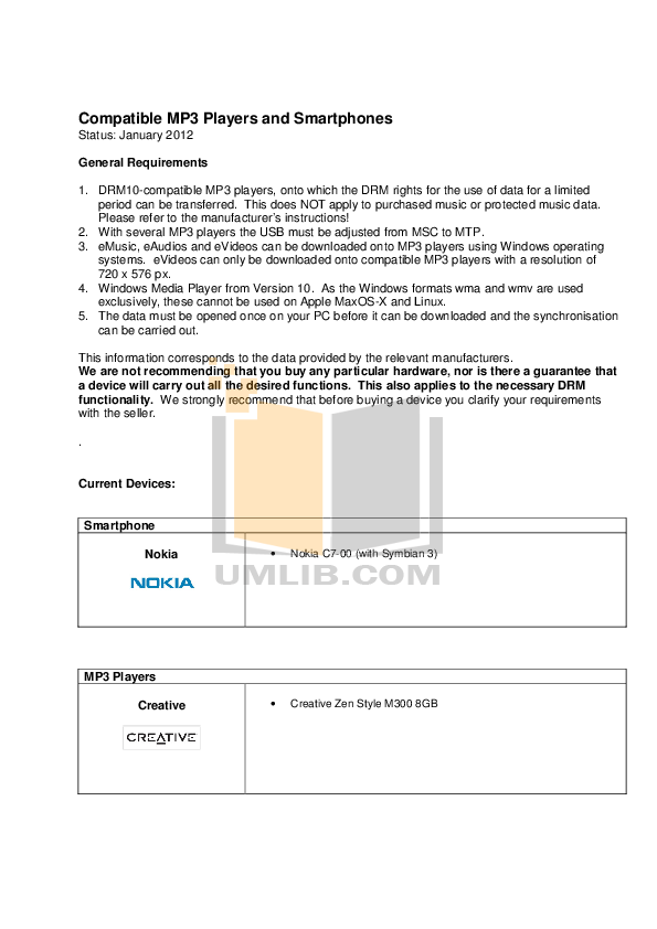 PDF manual for Creative MP3 Player ZEN Zen V 1GB