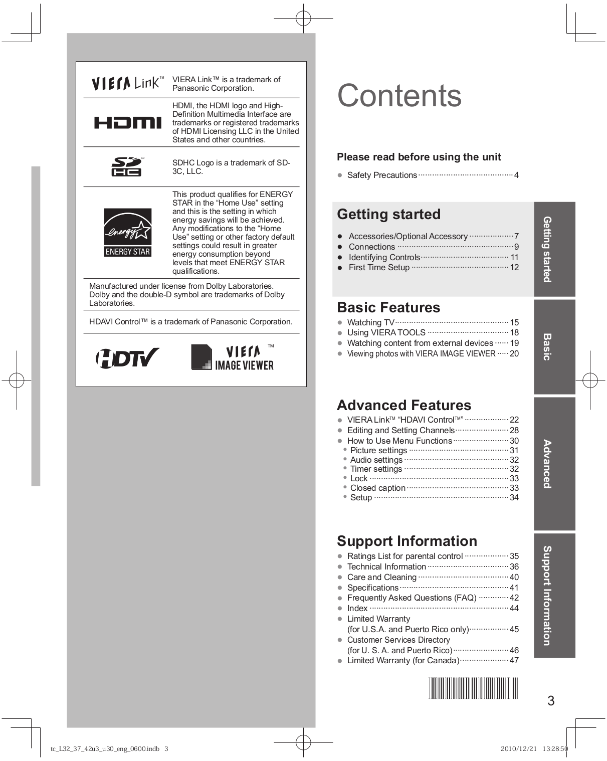PDF manual for Panasonic TV Viera TC-P50S2