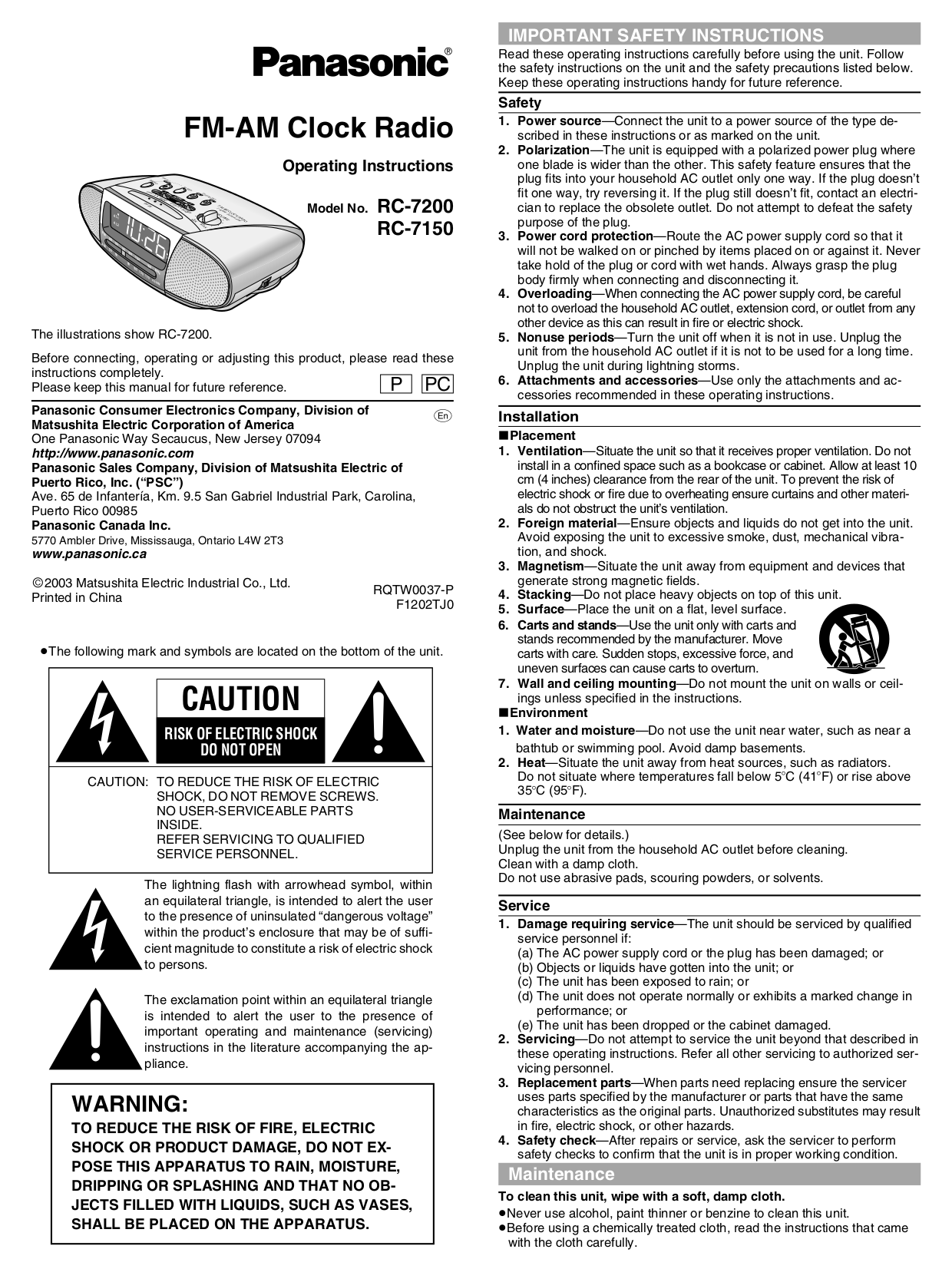 PDF manual for Panasonic Clock Radio RC7200