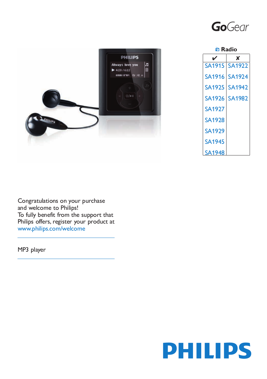 Download free pdf for Philips GoGear SA1929 2GB MP3 Player manual