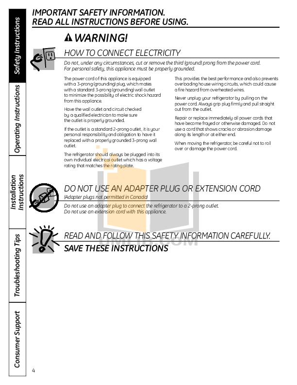 PDF manual for GE Refrigerator Profile PSB48YSXSS