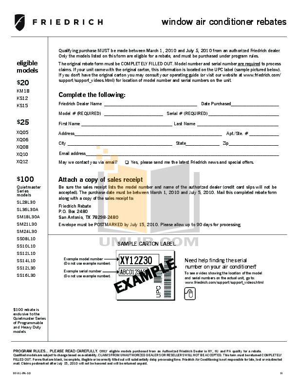 Download free pdf for Friedrich QuietMaster SM21L30 Air Conditioner manual