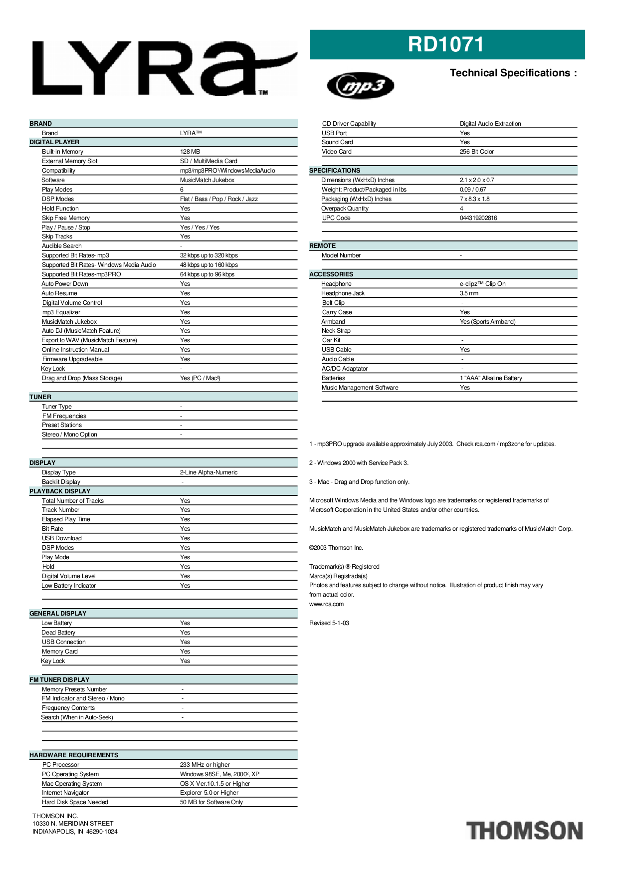 PDF manual for RCA MP3 Player Lyra RD1071