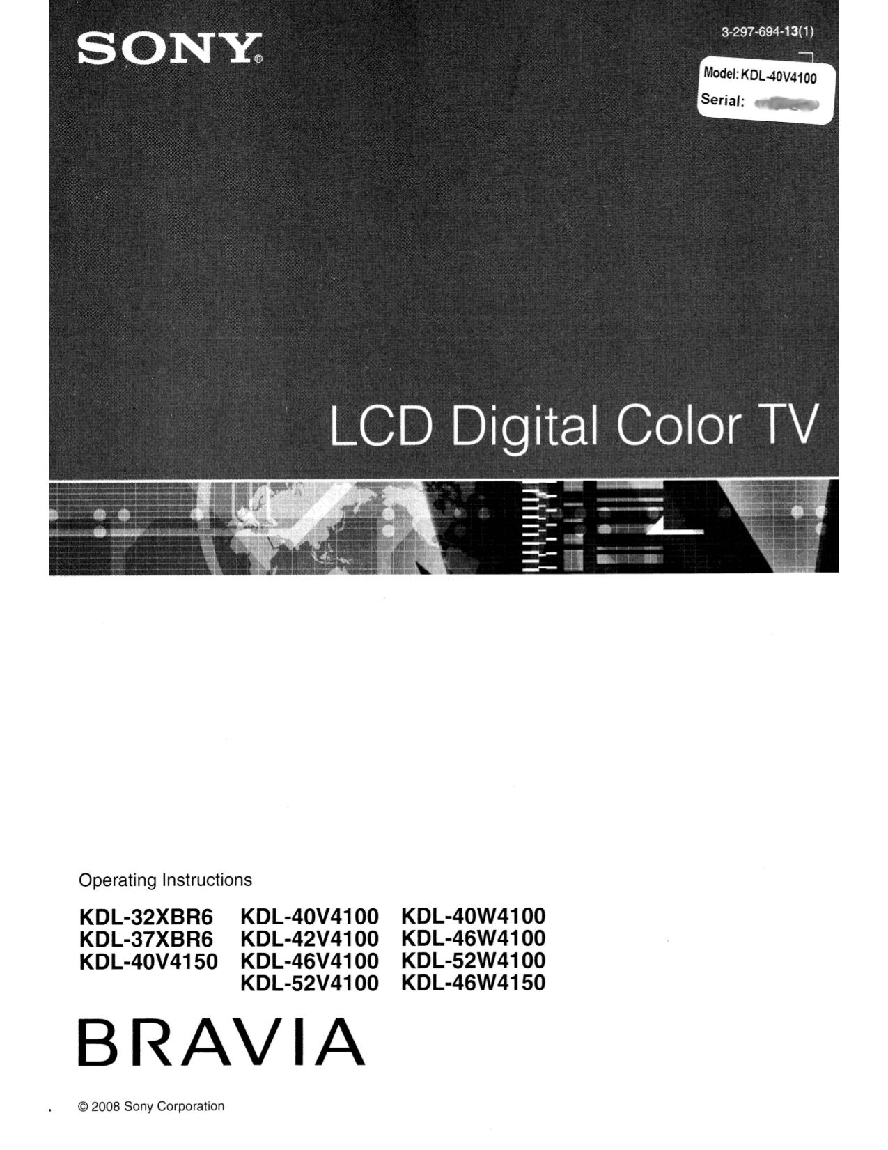 PDF manual for Sony TV BRAVIA KDL40W4100