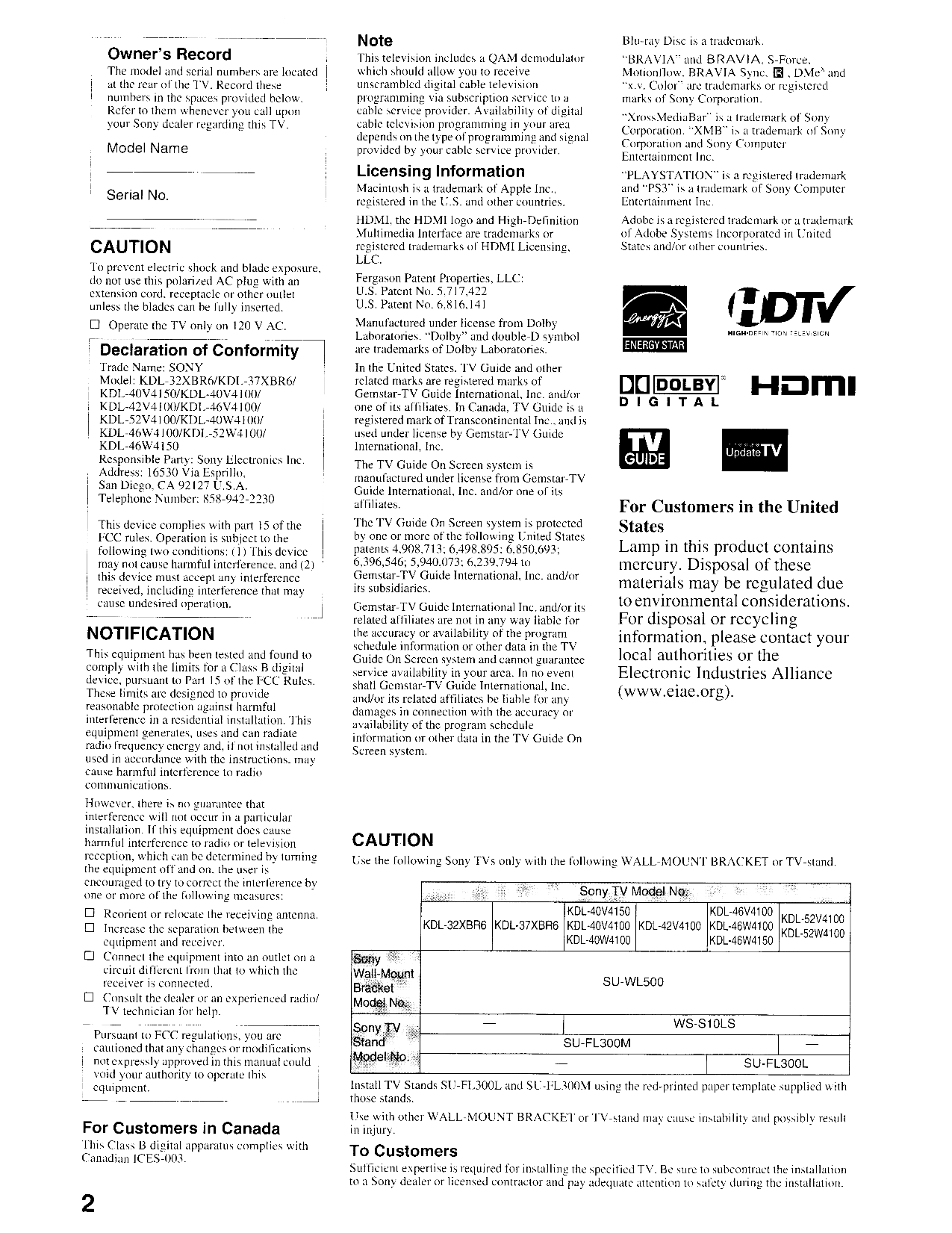 PDF Manual For Sony TV BRAVIA KDL-40W4100