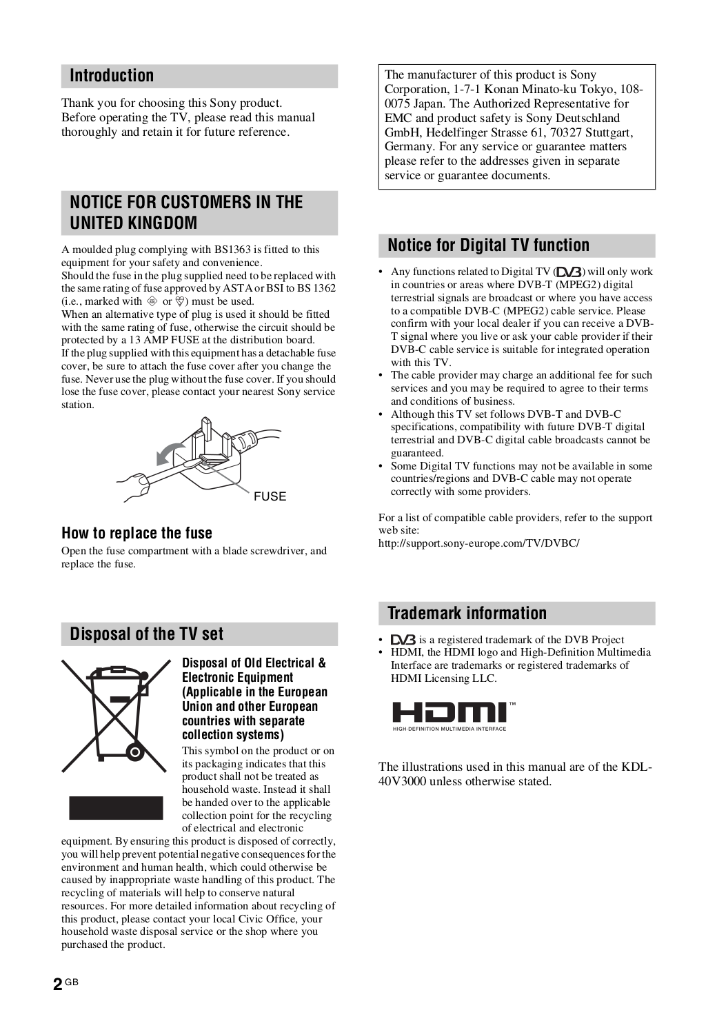 PDF manual for Sony TV BRAVIA KDL-40V3000