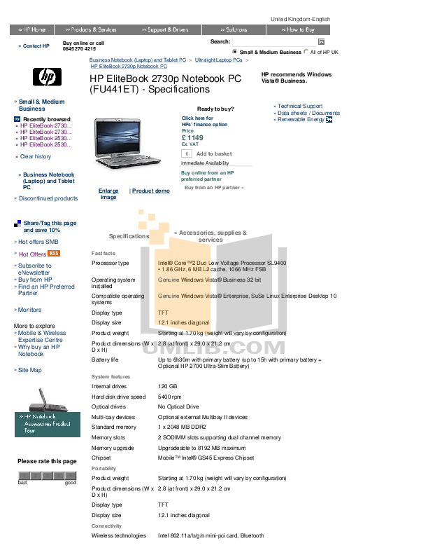 Download free pdf for HP EliteBook 2730p Laptop manual