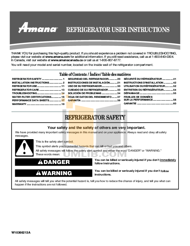 Download free pdf for Amana AFD2535FES Refrigerator manual