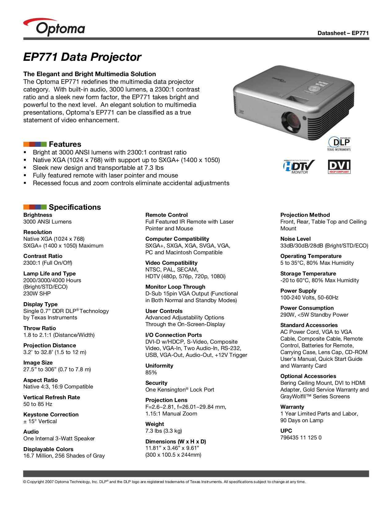 Download free pdf for Optoma EP771 Projector manual