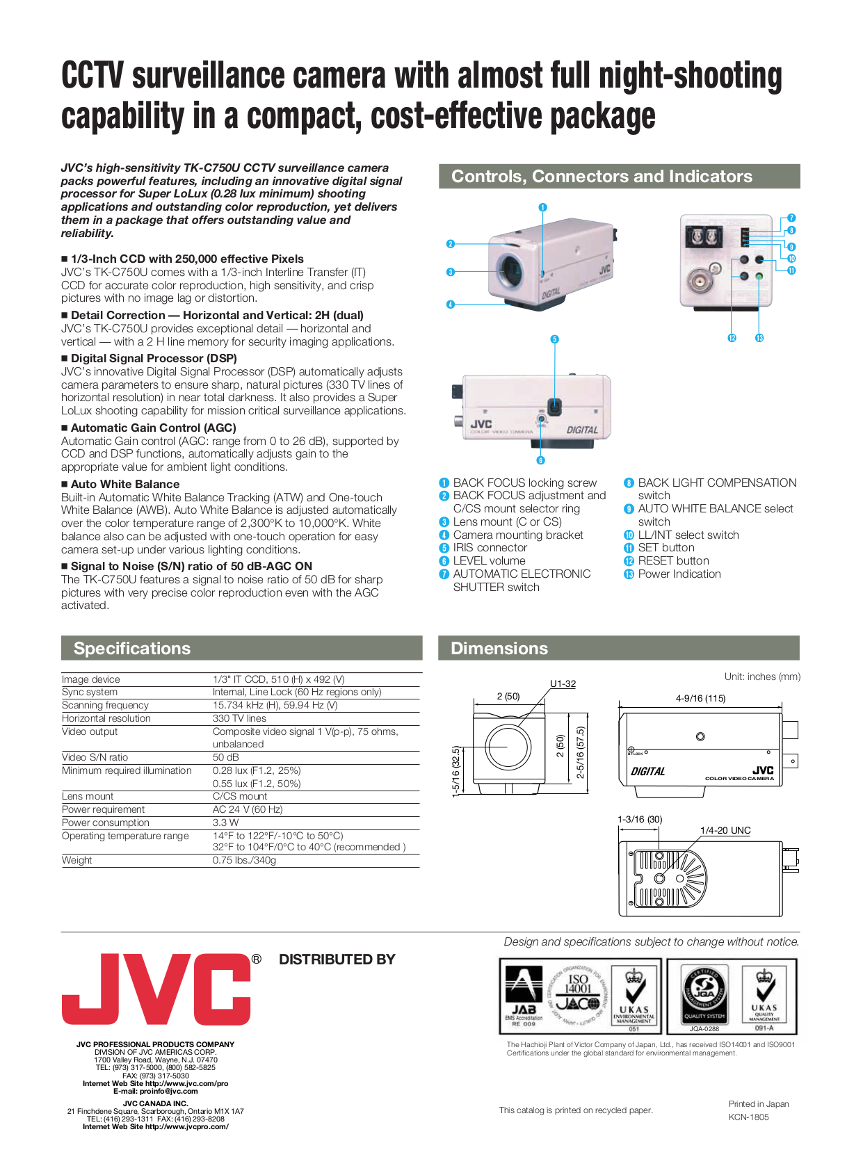 PDF manual for JVC Security Camera TKC750U