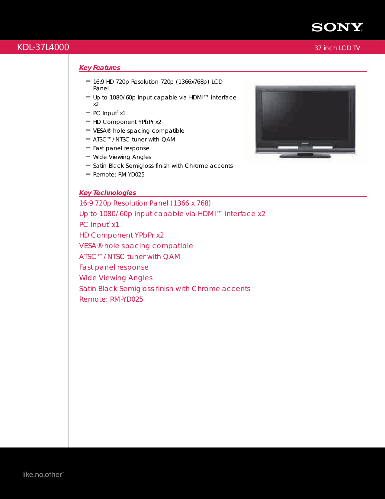 Download free pdf for Sony BRAVIA KDL-37L4000 TV manual