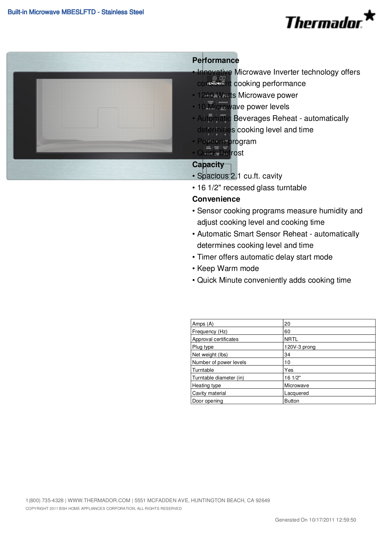 pdf for Thermador Microwave MBESLFTD manual