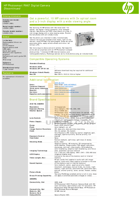pdf for HP Digital Camera Photosmart R967 manual