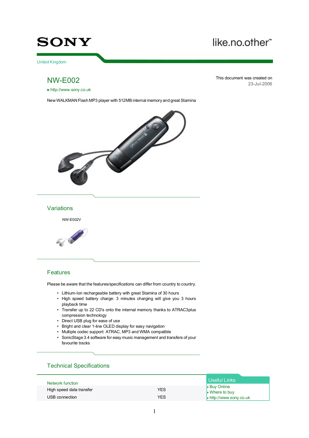 Download free pdf for Sony Walkman NWE002F MP3 Player manual