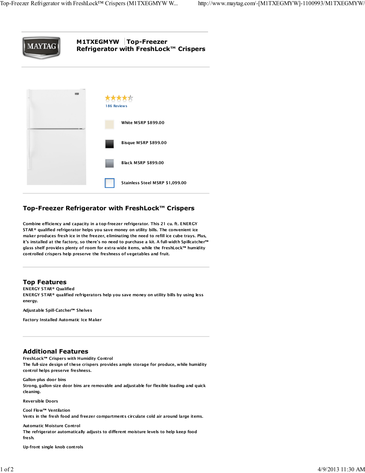 Download free pdf for Maytag M1TXEGM Refrigerator manual