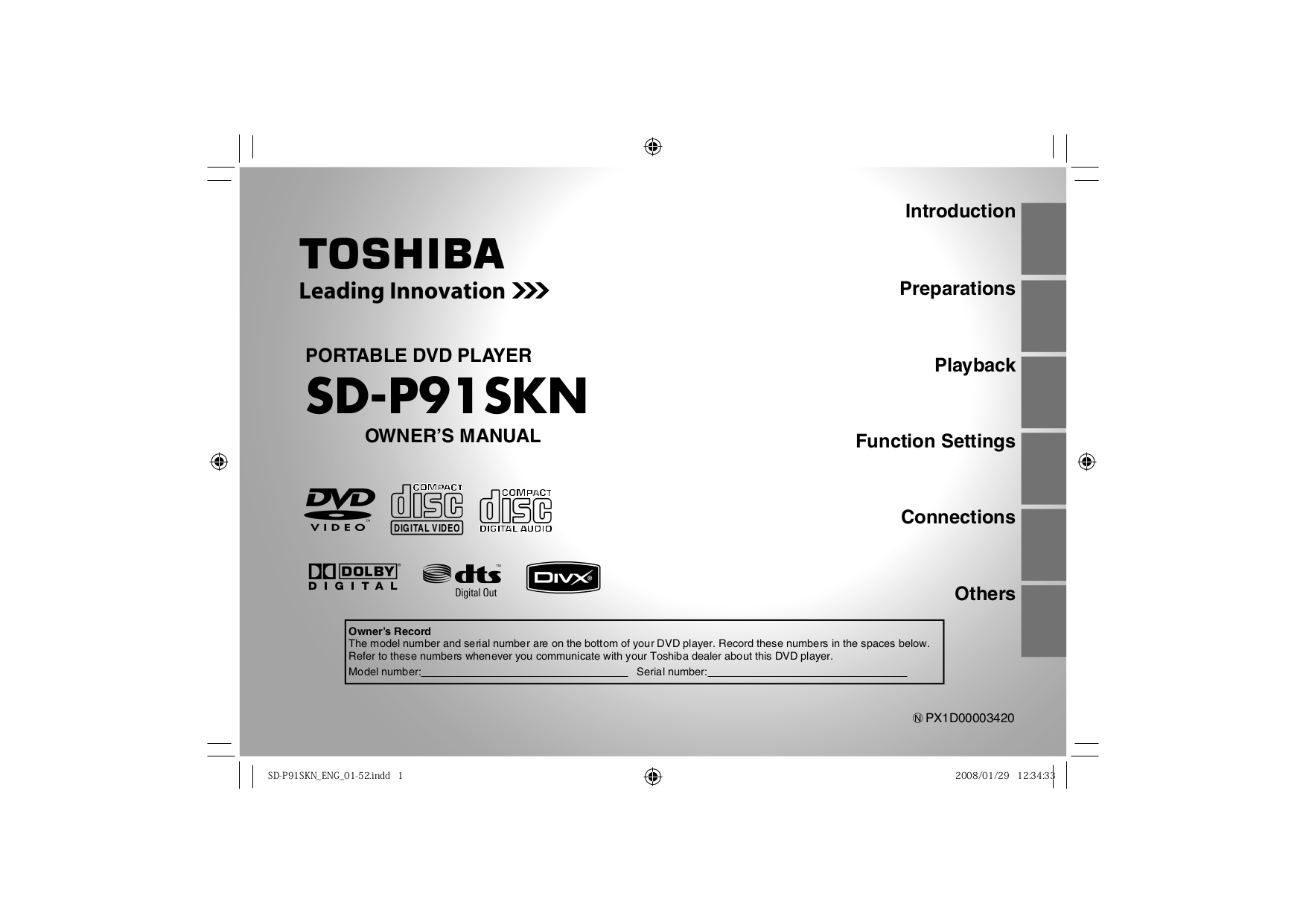 Download free pdf for Toshiba SDP91S Portable DVD Player manual