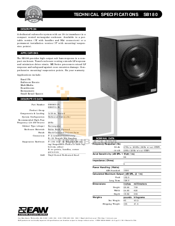 Download Free Pdf For Eaw SB180 Subwoofer Manual