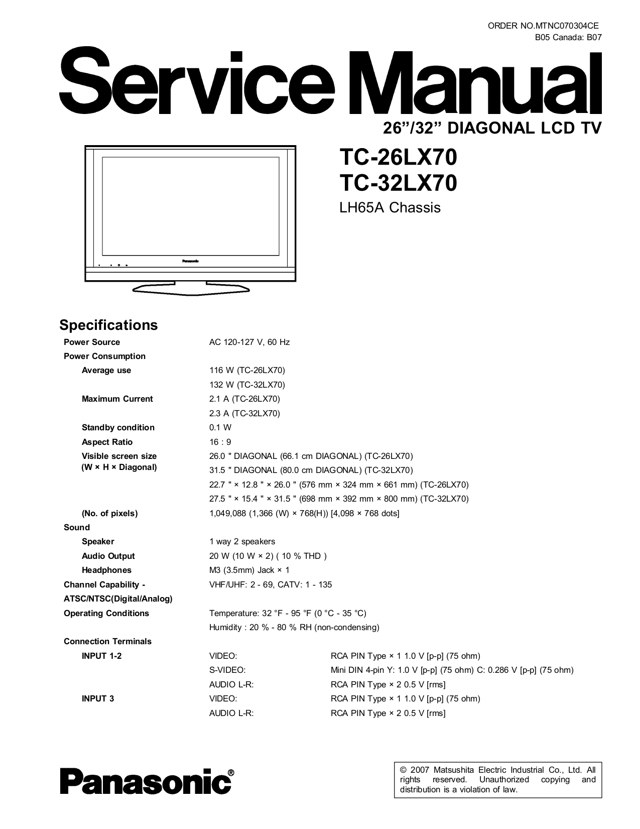 Download Free Pdf For Panasonic Viera TC-26LX70 TV Manual