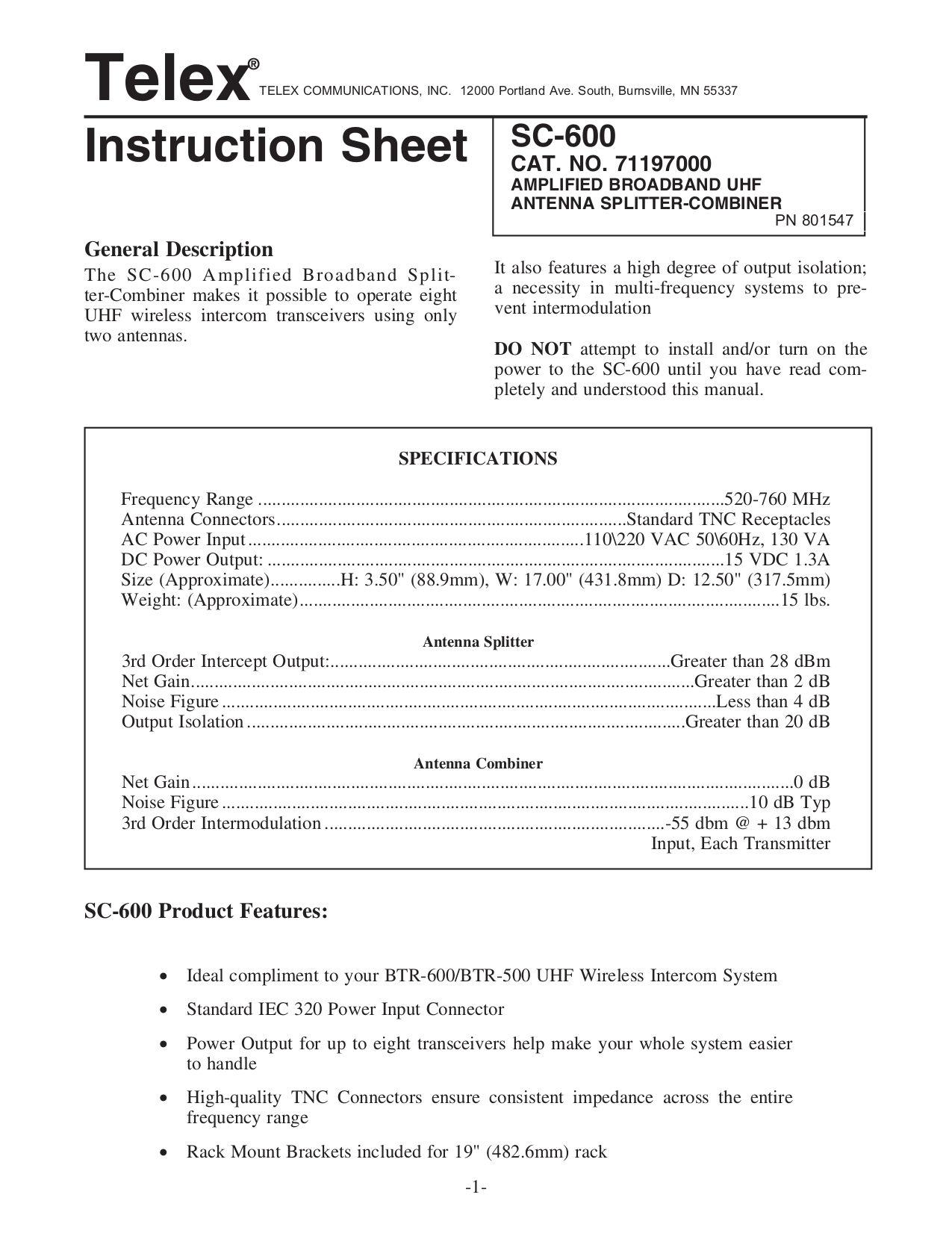 pdf for Telex Other SC-600 intercom system manual