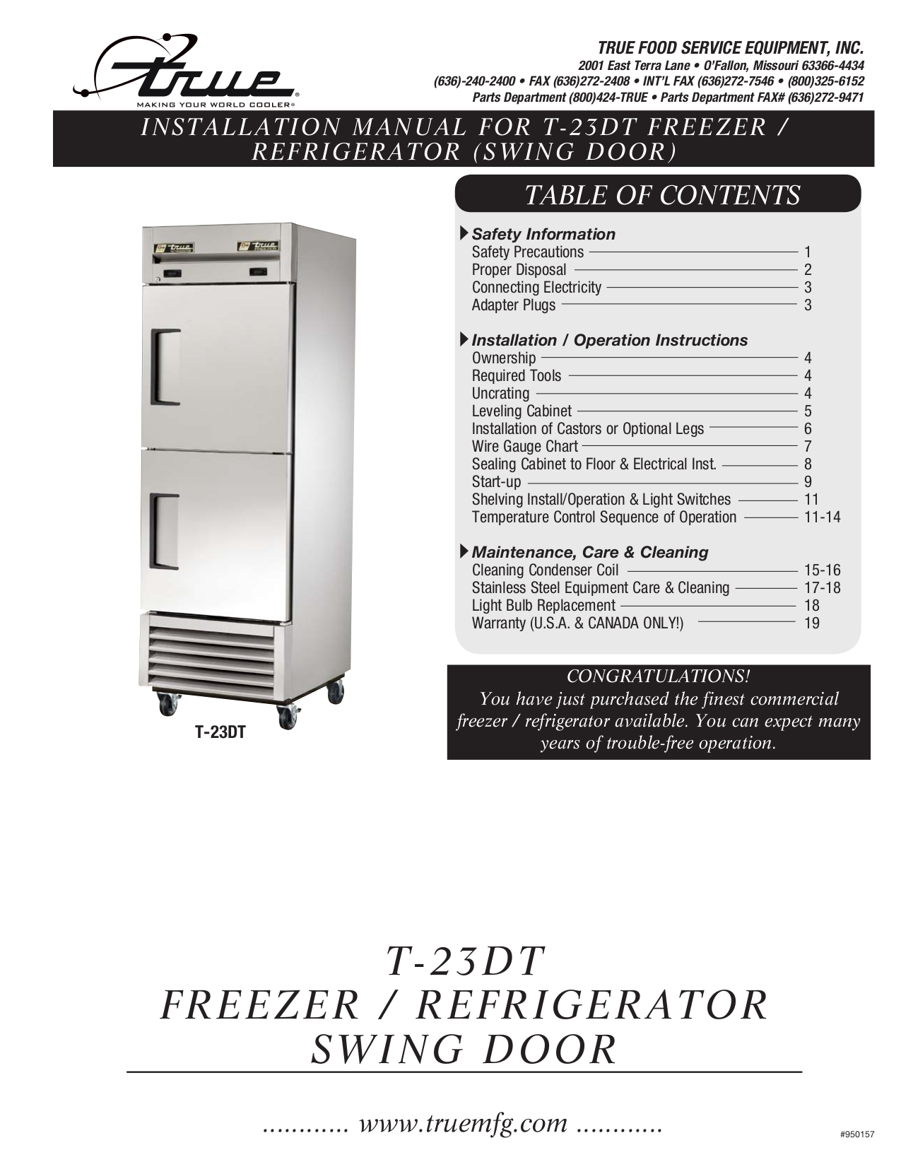 Download free pdf for True T23DT Refrigerator manual