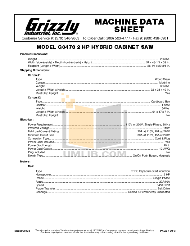 Download free pdf for Grizzly G0478 Table Saw Other manual