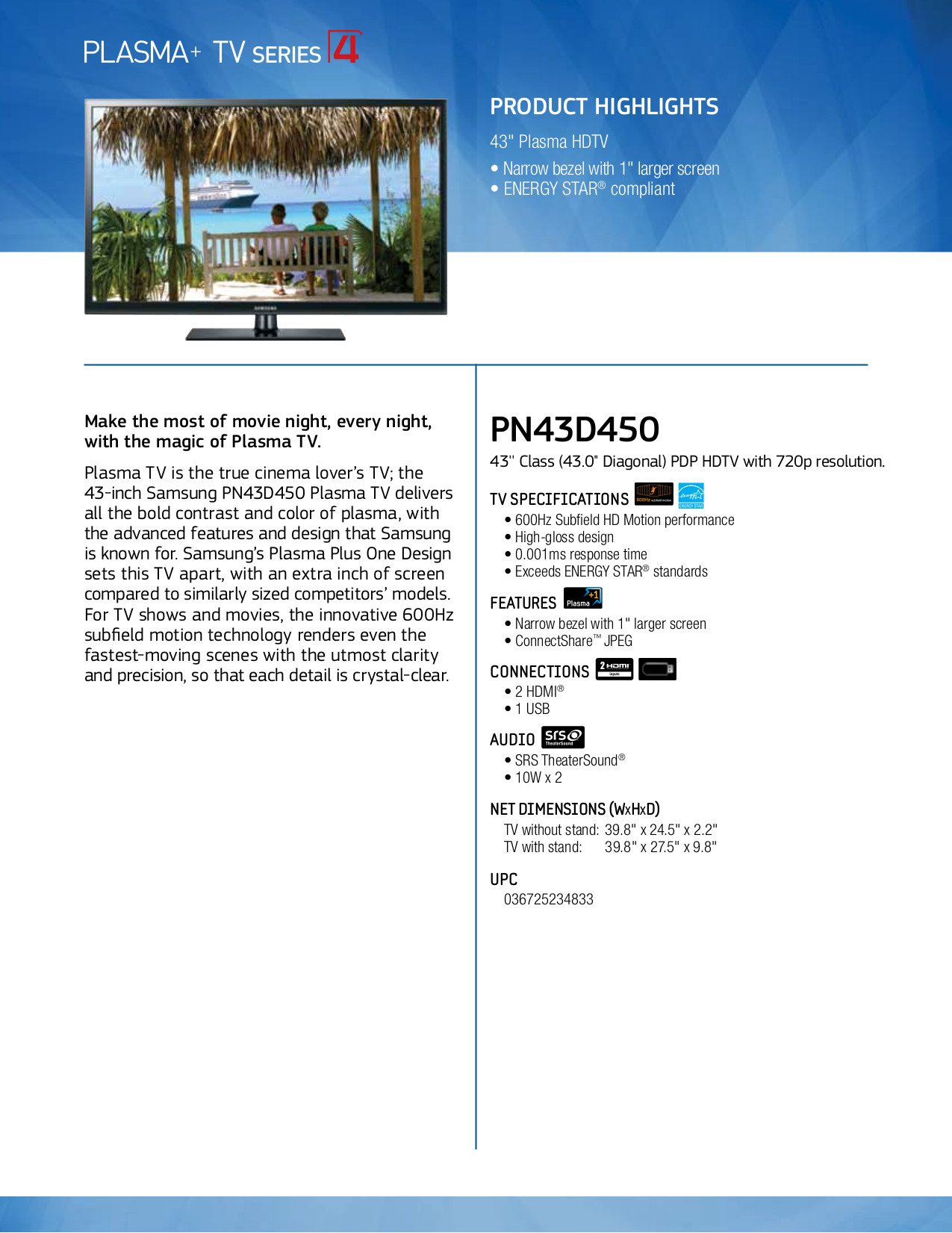 Download free pdf for Samsung PN43D450 TV manual