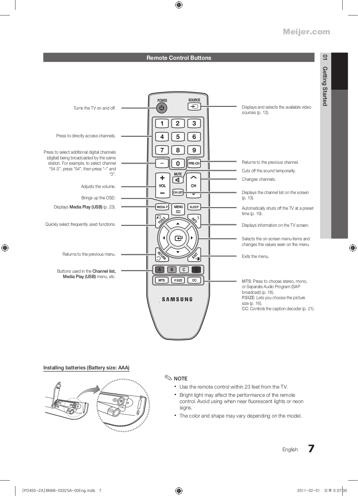PDF manual for Samsung TV PN43D450