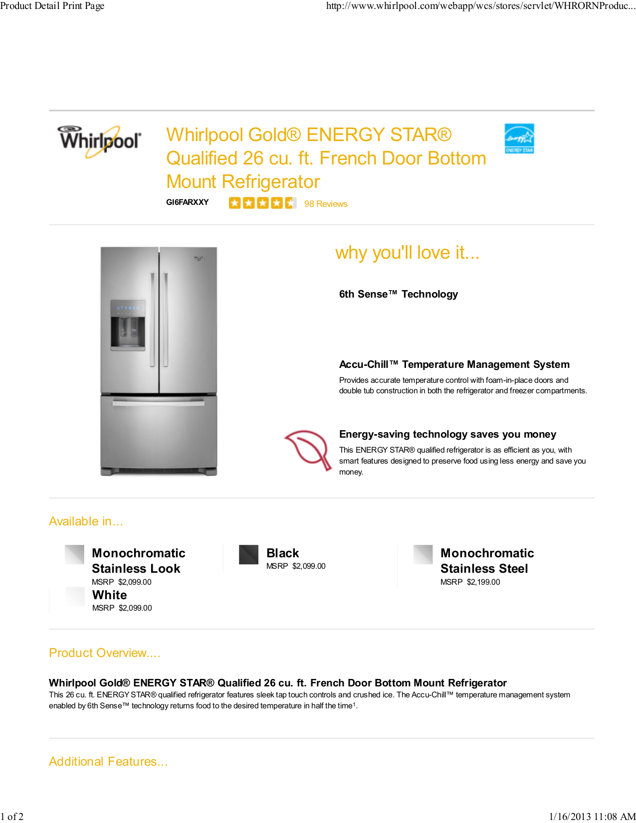 Download free pdf for Whirlpool Gold GI6FARXXY Refrigerator manual