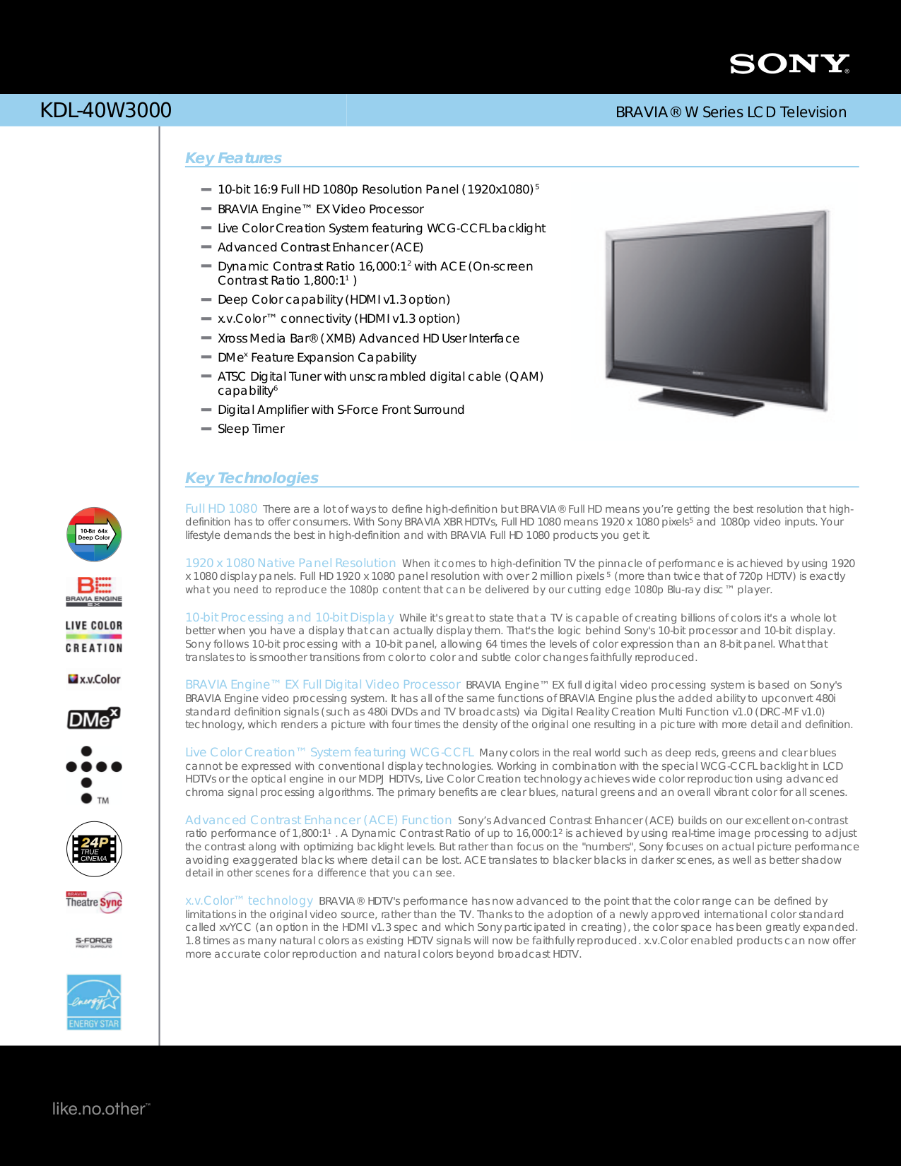 Download free pdf for Sony BRAVIA KDL-40W3000 TV manual