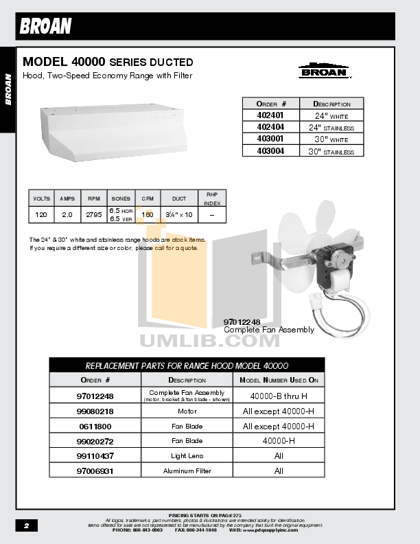 Download free pdf for BroanNuTone 40000 Series 403004 Hoods Other manual