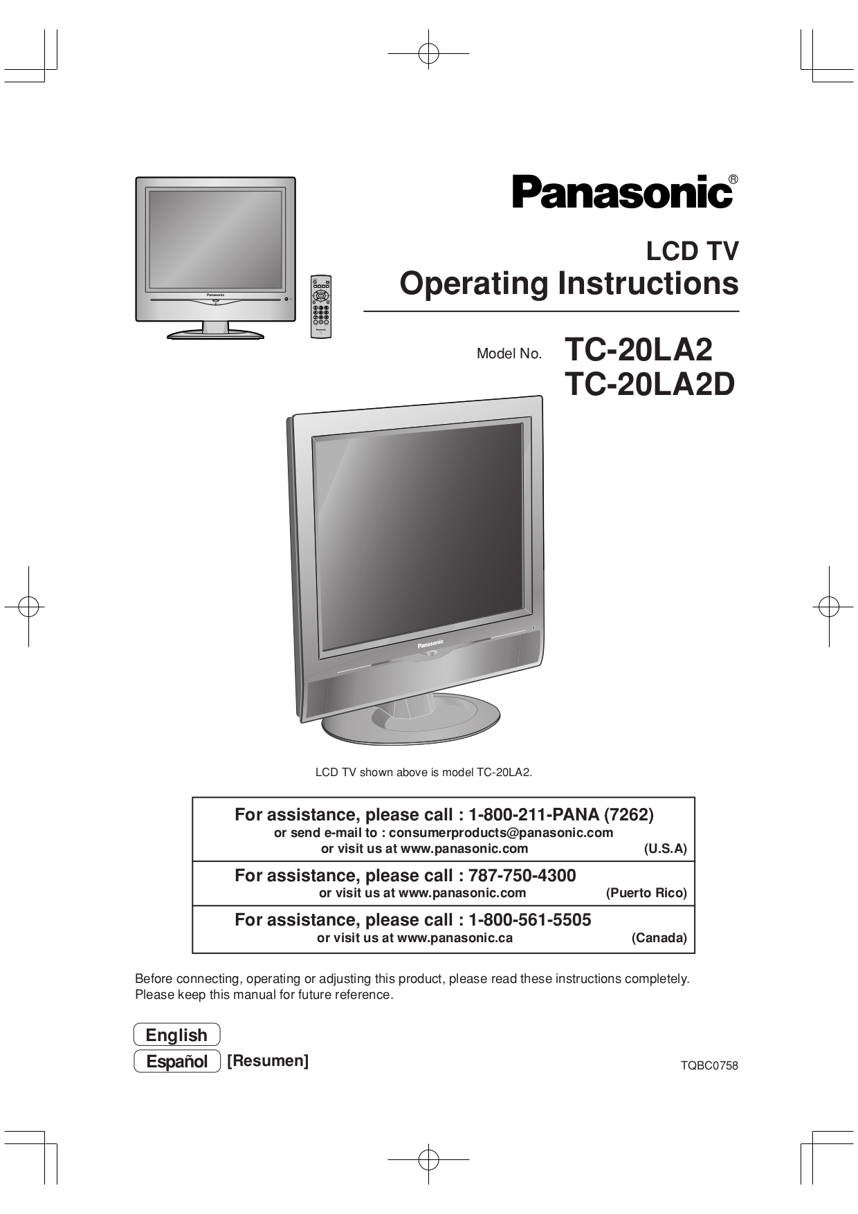 Download free pdf for Panasonic Viera TC20LA2D TV manual