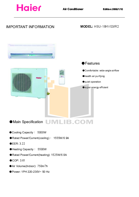 PDF manual for Haier Air Conditioner HSU09RD03