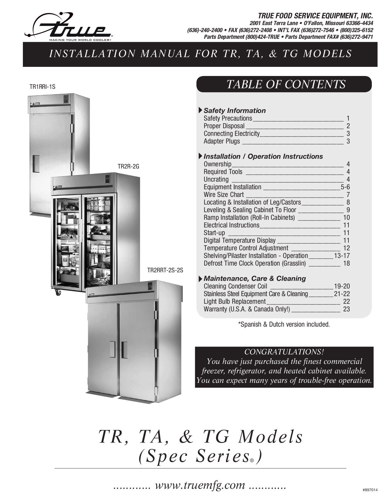 pdf for True Refrigerator TR2RRT-2S-2S manual