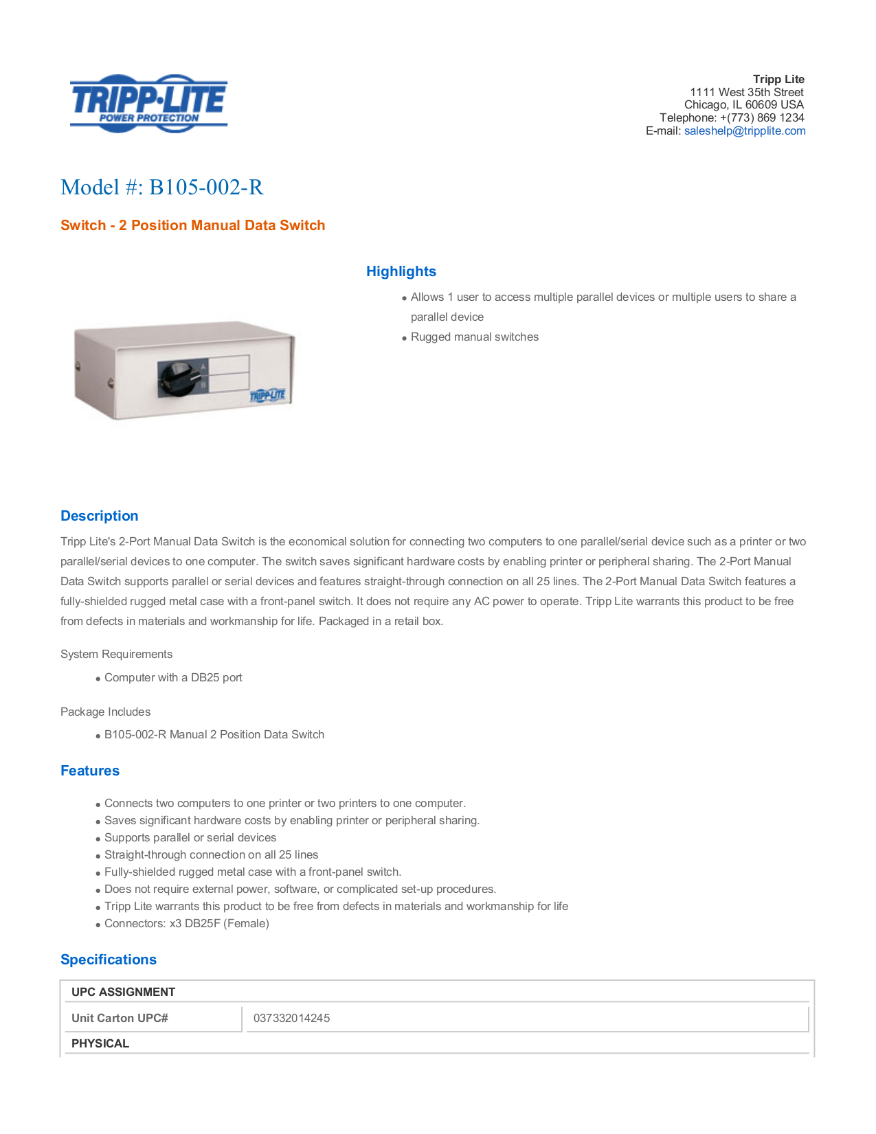pdf for Tripp Switch B170-002-R manual