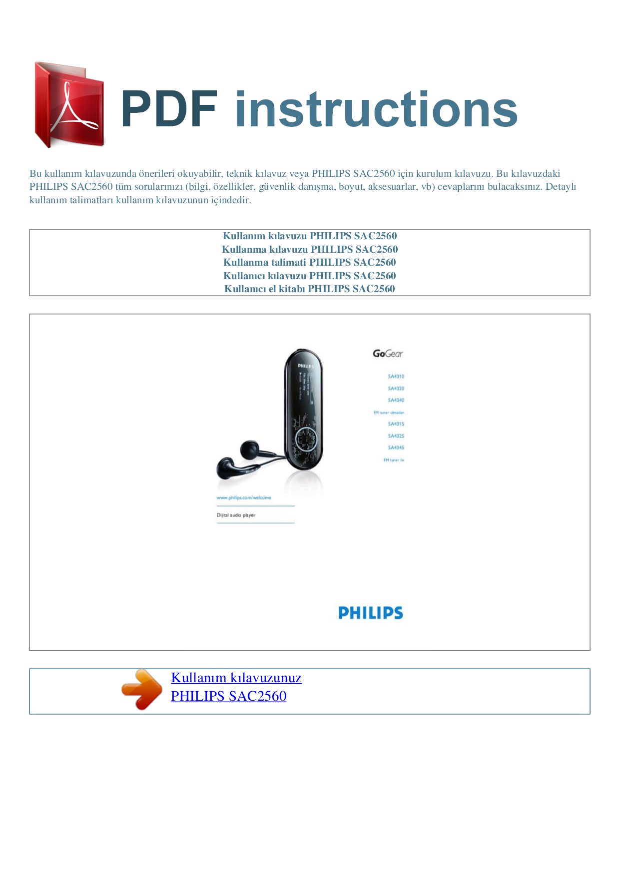 Download free pdf for Philips GoGear SA4345 MP3 Player manual