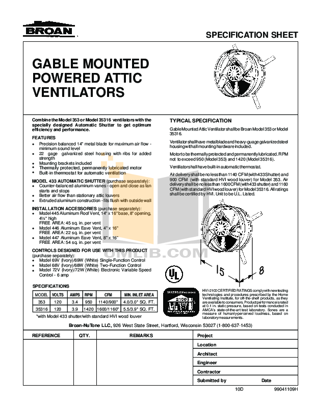 Download free pdf for BroanNuTone 35316 Ventilators Other manual